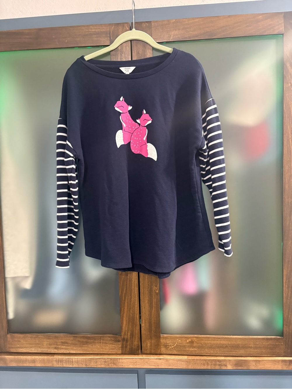 crown & ivy Navy Sweatshirt with Pink Fox Motif and Striped Sleeves